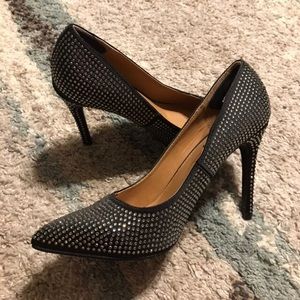 Report black satin rhinestone high heels